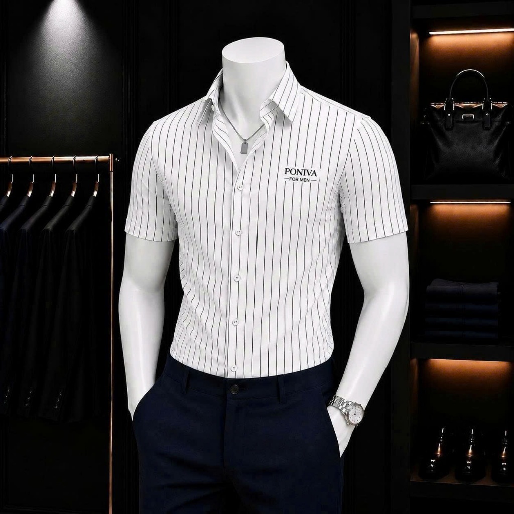 PONIVA เสื้อเชิ้ตแขนสั้นผู้ชายปักลายตัวอักษรหรูหราและแฟชั่นใส่ DEAL123SHOP