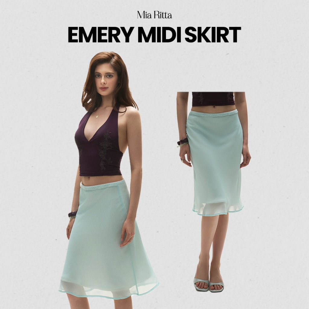 MIA RITTA เดรสมิดิชีฟองผู้หญิง, กระโปรงยาวถึงเข่าลูกปัด 3 ชั้น EMERY MIDI SKIRT - B0050