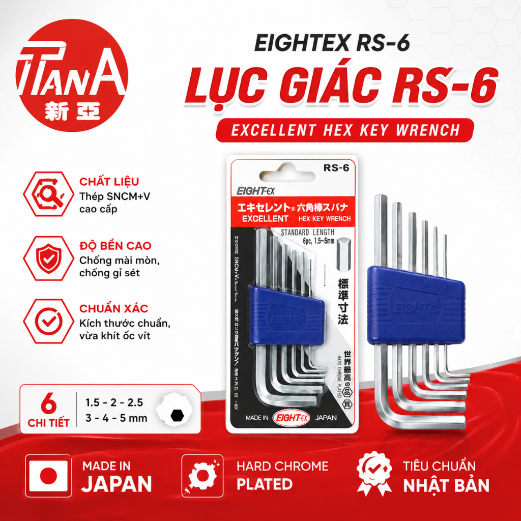 ชุดประแจกุญแจหกเหลี่ยม EIGHT RS-6 (Made in Japan)