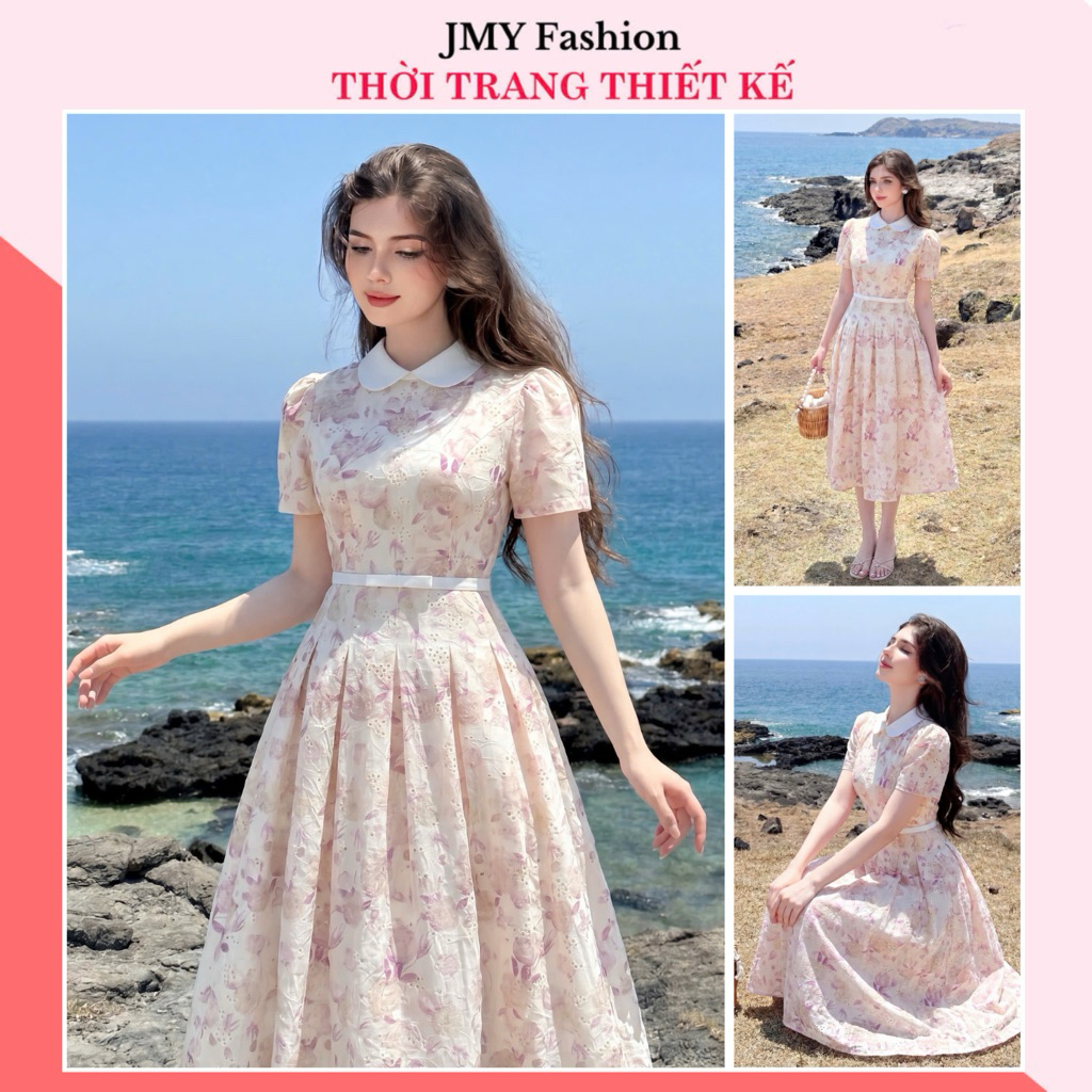 (FIRE) V908T GENUINE HA THHANH เดรสลายดอกไม้สีชมพูผู้หญิงคอปกบัวและเอวโบว์