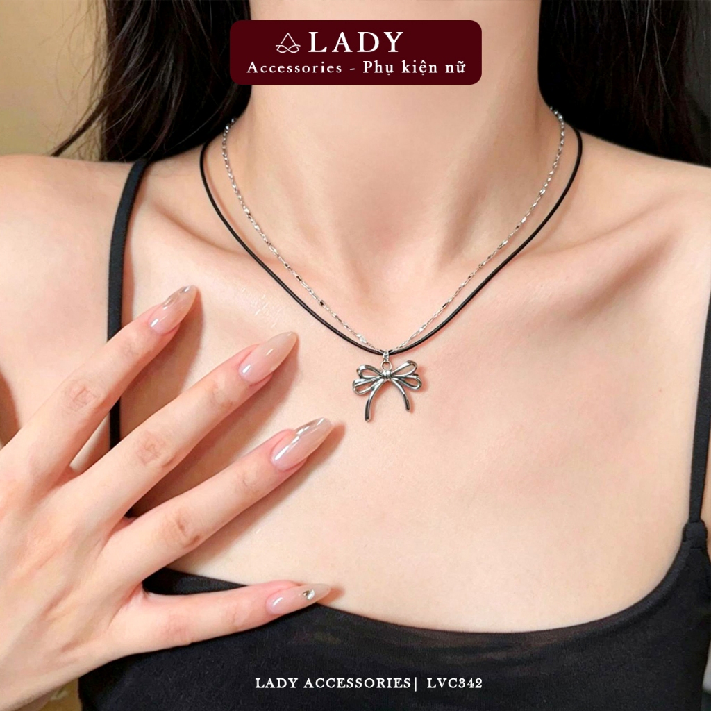 Y2K สไตล์ผู้หญิง Y2K สไตล์ 2 ชั้นสีดําและเงินสร้อยคอโบว์ Lady Accessories LVC342