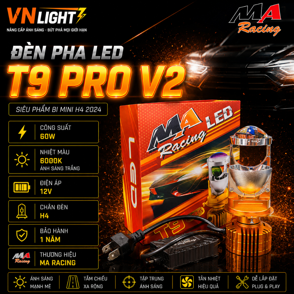 ของแท้ T9 Pro V2 MA RACING 60W LED ไฟหน้า Super Bright Cos ไฟหน้าใส Good Road Grip คุณภาพสูงติดตั้งง
