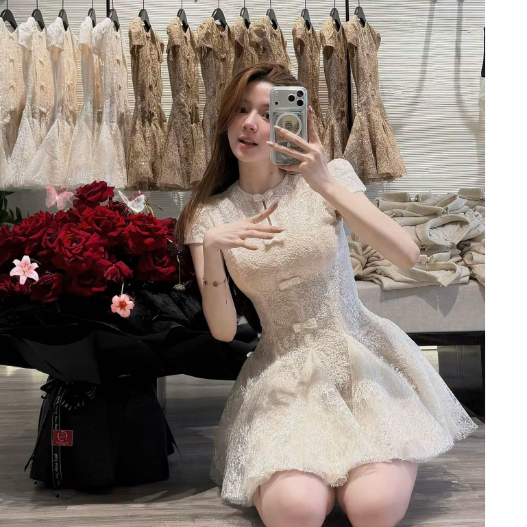 SA LCD1383- SHORT CREAM BROWN LACE SLEEVE DRESS