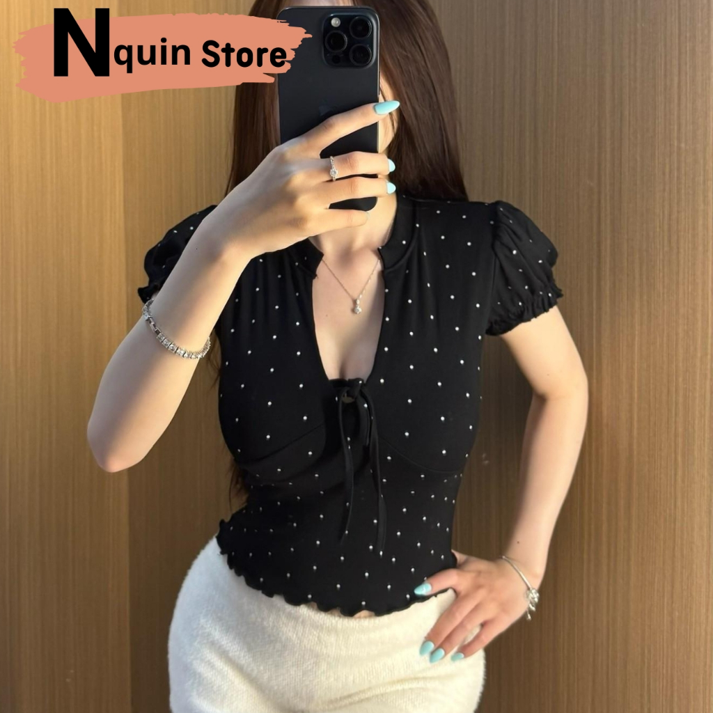 เสื้อเบลาส์ บอดี้คอน น่ารักคอปกผ่าและลูกไม้ขึ้น-เสื้อยืดแขนน่าระทึกใจเซ็กซี่สําหรับผู้หญิง nควิน เก็บ
