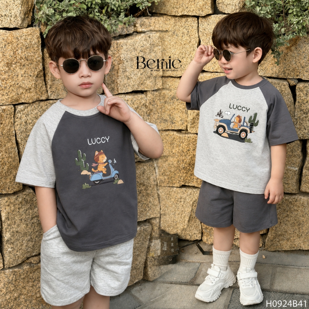 ชุดแขนกุดเด็กชายผสมสีเทา Luccy Bernie ผ้าคอตตอนเนื้อนุ่มเย็น - ชุดเสื้อผ้าเด็กผู้ชาย 9-24kg - H0924B