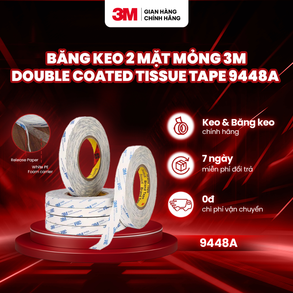 3M Double Coated Tissue Tape 9448A - หลายขนาด - น้ําเงินขาว