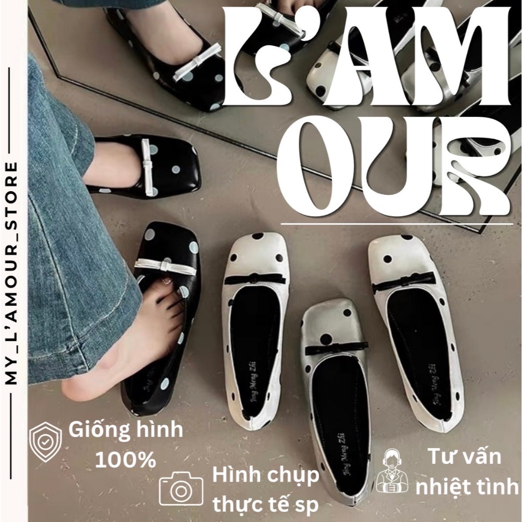 (TYPE 1) รองเท้าตุ๊กตาผู้หญิง Polka Dot Square Straps 5P Retro Vintage Style Y2K-Dotie Shoes