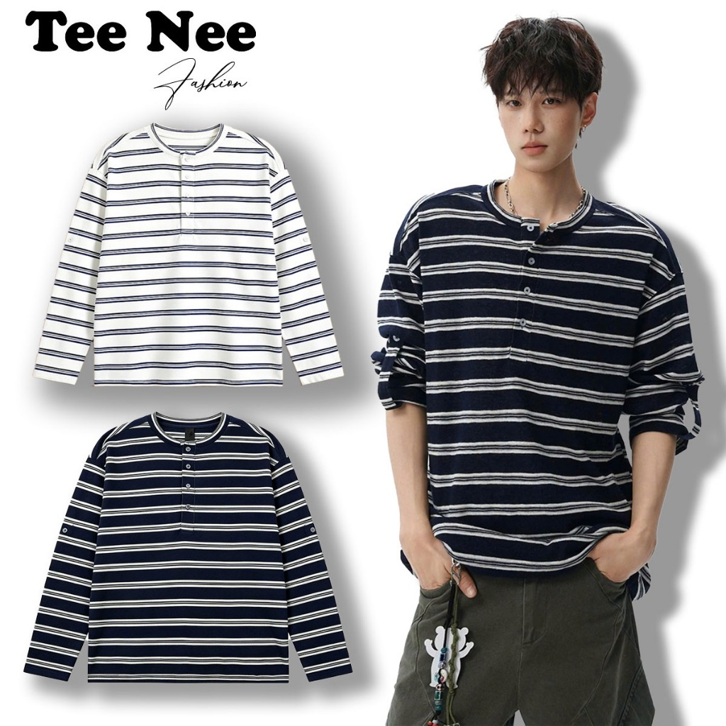 TeeNee Basic Loose Format เสื้อยืดแขนยาวลายทางแนวนอนสําหรับบุรุษและสตรี, การออกแบบซิปแขนมีสไตล์, วัส