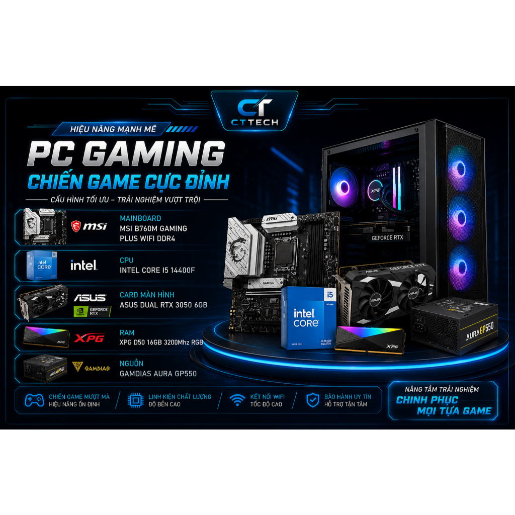 ชุดเกมพีซี CT01 I5 14400F / RTX 3050 6G / 16GB 3200MHZ / NVMe 256G | ใหม่ ใหม่ ใหม่ 36เดือน