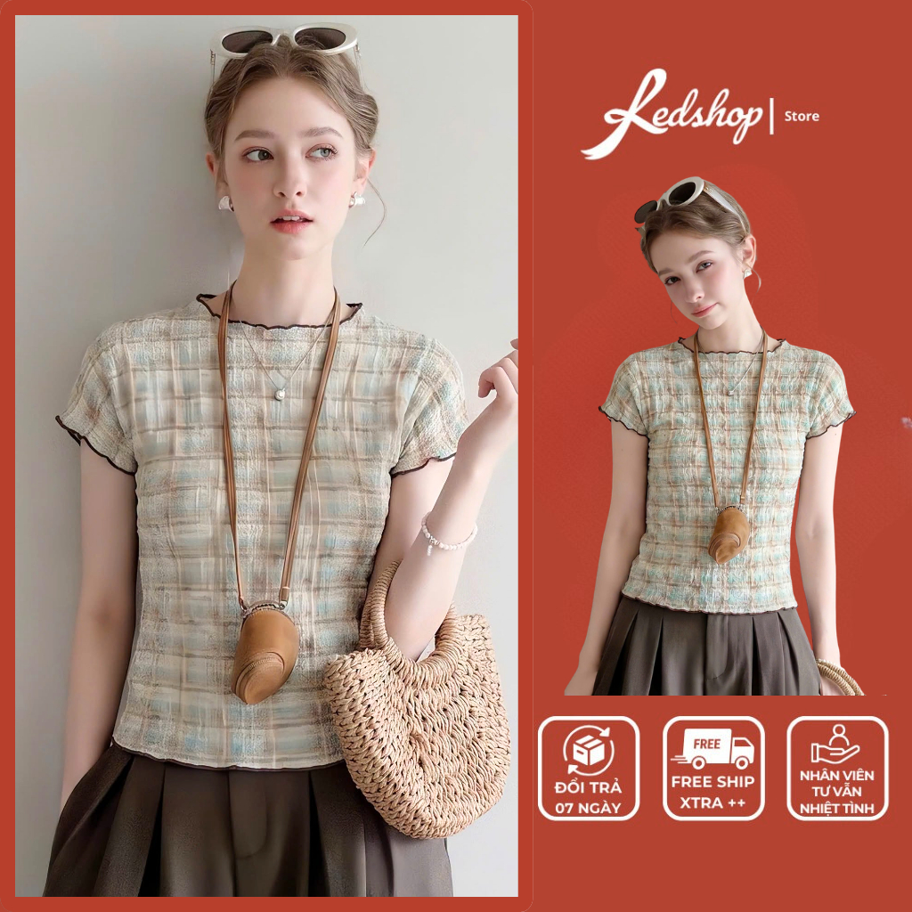 Mellow เสื้อยืดลายสก๊อตคอปกแขนสั้น Slim Form สําหรับผู้หญิงสไตล์เกาหลี Redshop.official.store 309013