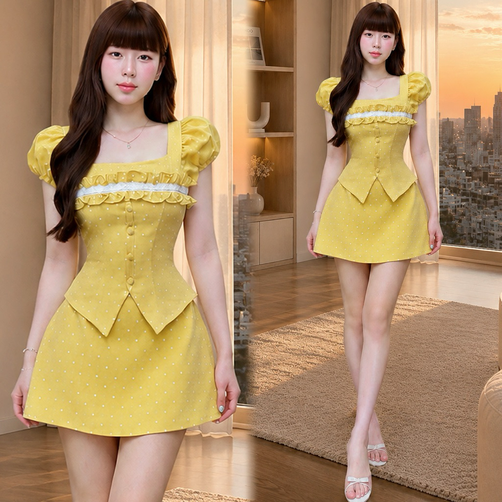 S645 LIGHTNING Puff-Sleeve Design Polka Dot Fabric Puff-Sleeve Square Collar Shirt with CUTE SHORT A-LINE SKIRT (ตัวเล็ก)