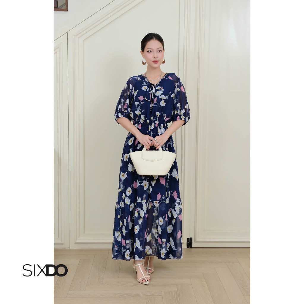 SIXDO Navy Floral Chiffon Flared Dress (Navy Floral Chiffon Flared Dress)