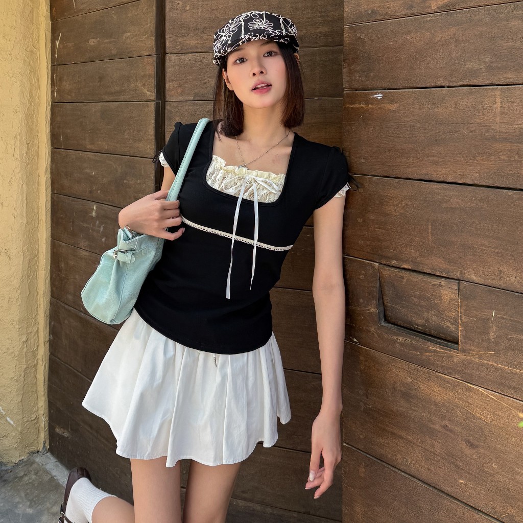 (QC L1 PRODUCT) เสื้อยืดสตรีหลากสีคอเหลี่ยม ลูกไม้สติลไนซ์และผูกโบว์ HAVANA ATH876
