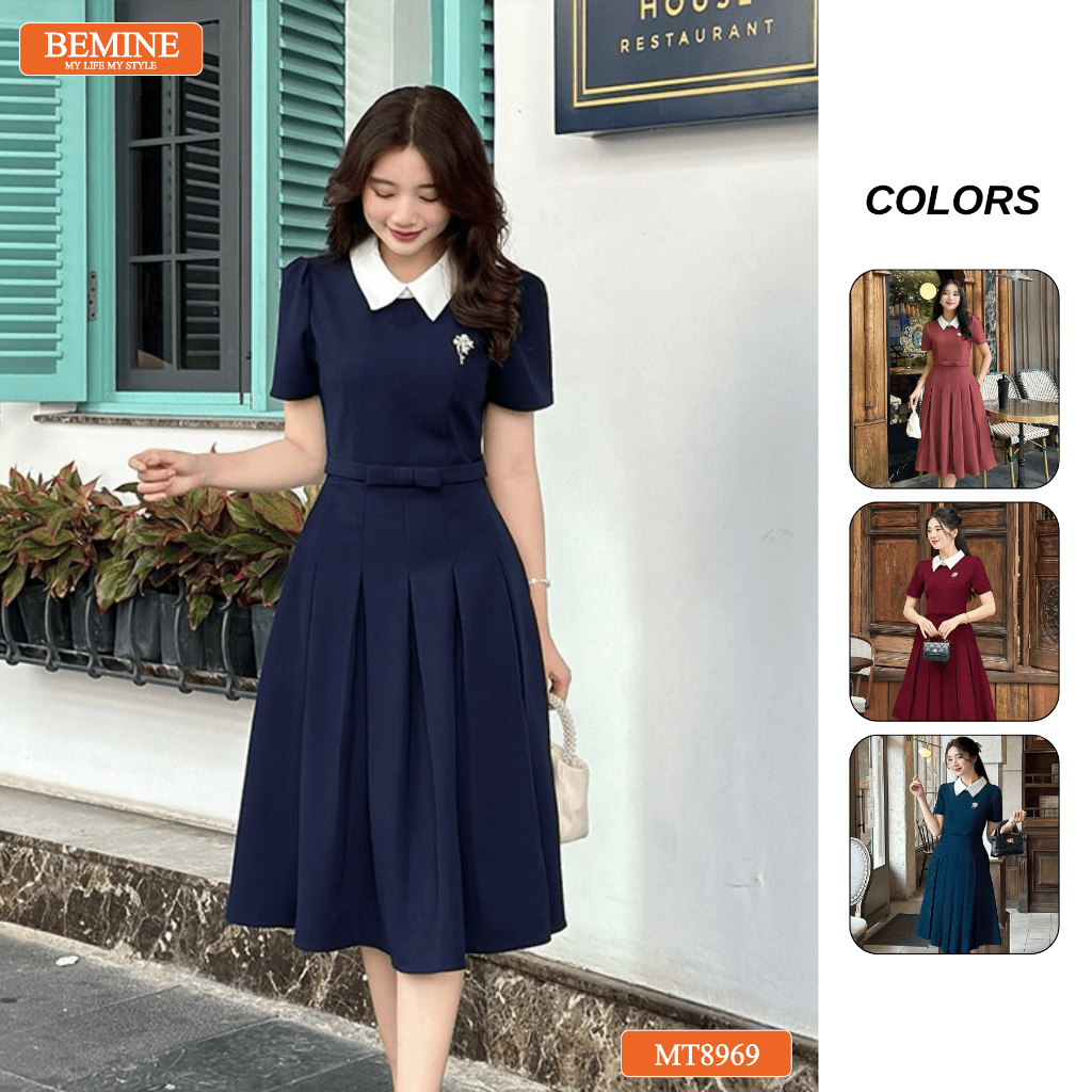 BEMINE MT8969 เดรสเอวปกบัวมีโบว์จับจีบ