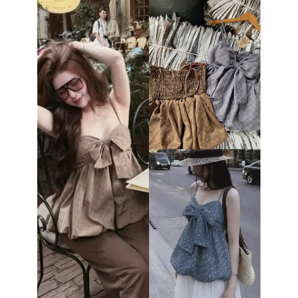 เสื้อเด็กลายจุด BBD - หูกระต่ายคอเหลี่ยมพร้อมโบว์ขนาดใหญ่ - ม็อกหลัง - Puffed Bodycon Basic Bun Beo 