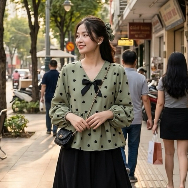 (แถมผ้าผูกผม) เสื้อ Cacao Home babydoll คอปกหัวใจโบว์สีดําและแขนพัฟเจ้าหญิง
