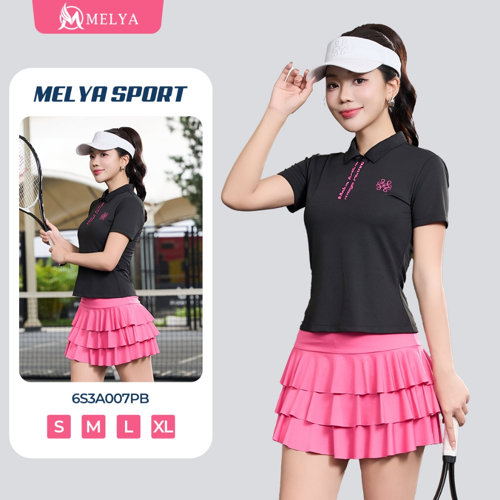 MELYA 6S3A007PB ชุดกีฬาเสื้อ & Elite Bloom กระโปรงสีชมพูสีดําบาง, Cool Elastic Gym โยคะ Pickleball