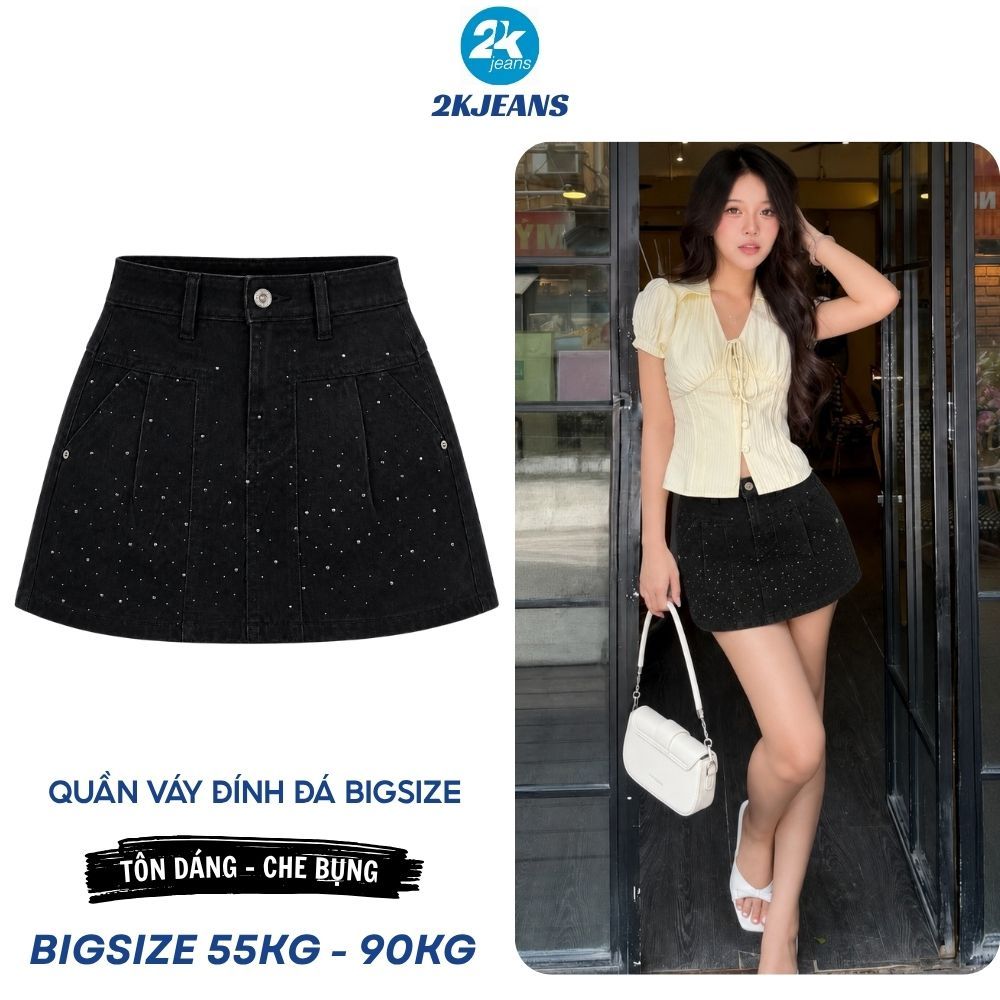 [SHOCK DEAL] Bigsize กางเกงยีนส์ผู้หญิงกระโปรง QC2130 สีดําเอวสูงหินประดับ 55-90 กก. 2KJEANS