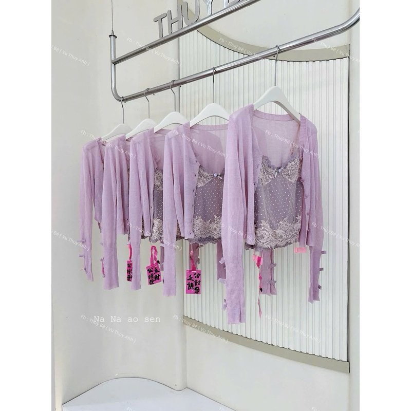 เสื้อ cdg ไหมพรมสีม่วง ชุดเซ็ตพร้อมเสื้อคล้องคอลูกไม้ตาข่าย QC