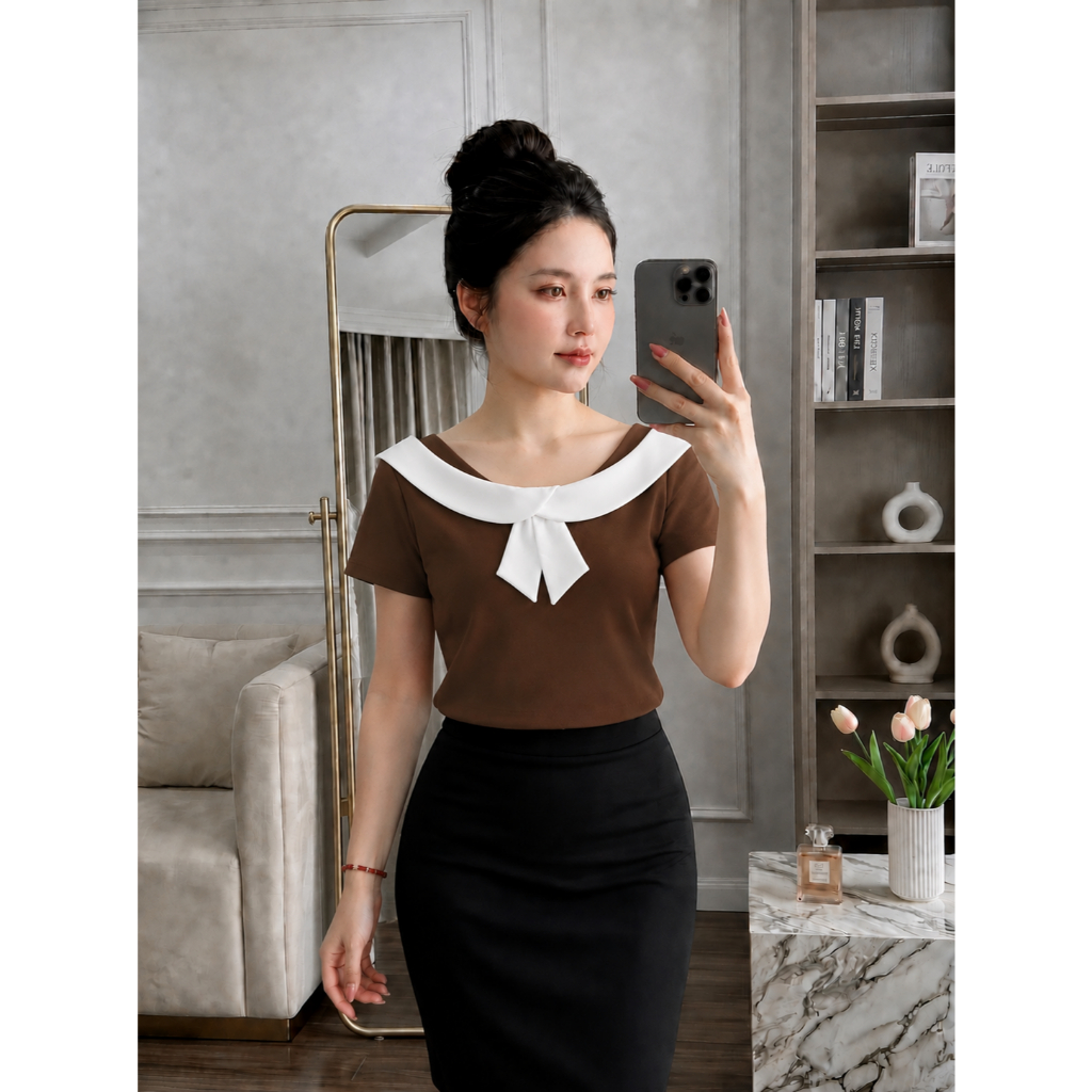 ผู้หญิง SAILOR NECK DRESS WITH BOW - ELEGANT, FEMININE, EASY TO MATCH, สไตล์เกาหลี Y57
