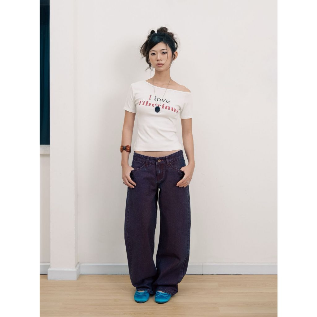 Tiberinus - Short Bottom Jeans - Selvedge Canvas Relaxed Lily Jeans - Red Purple/ Berry Purple - Rip