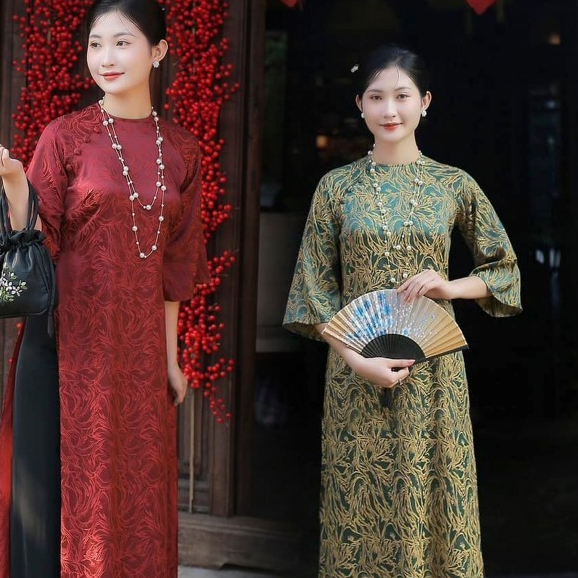 Modern Bich Ly ao dai สําหรับผู้หญิงลายโบรเคดหลวมโบราณ Sunny สําเร็จรูปสําหรับปาร์ตี้ Tet หรูหรา