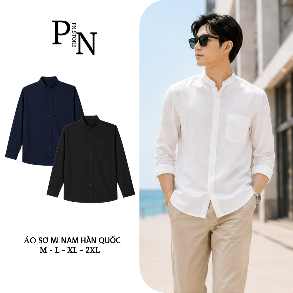 PN STORE เสื้อเชิ้ตผู้ชายคอจีนแขนยาวเสื้อเชิ้ตทรงตรงเกาหลีผ้านุ่มเย็น SM-DUI-COTAU