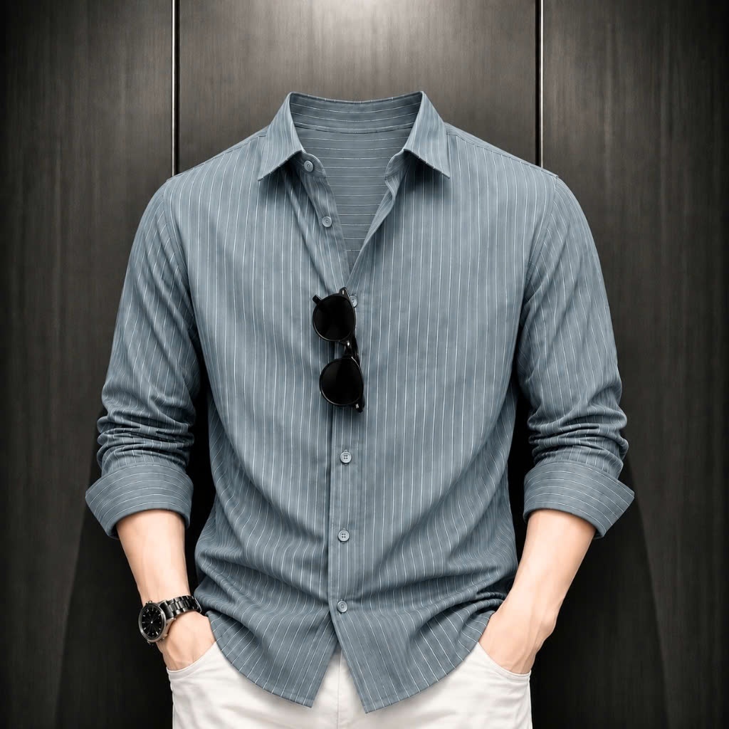 เสื้อเชิ้ตสํานักงานลายสก๊อตแขนยาวผู้ชาย J888 High Fashion PONIVALAZA