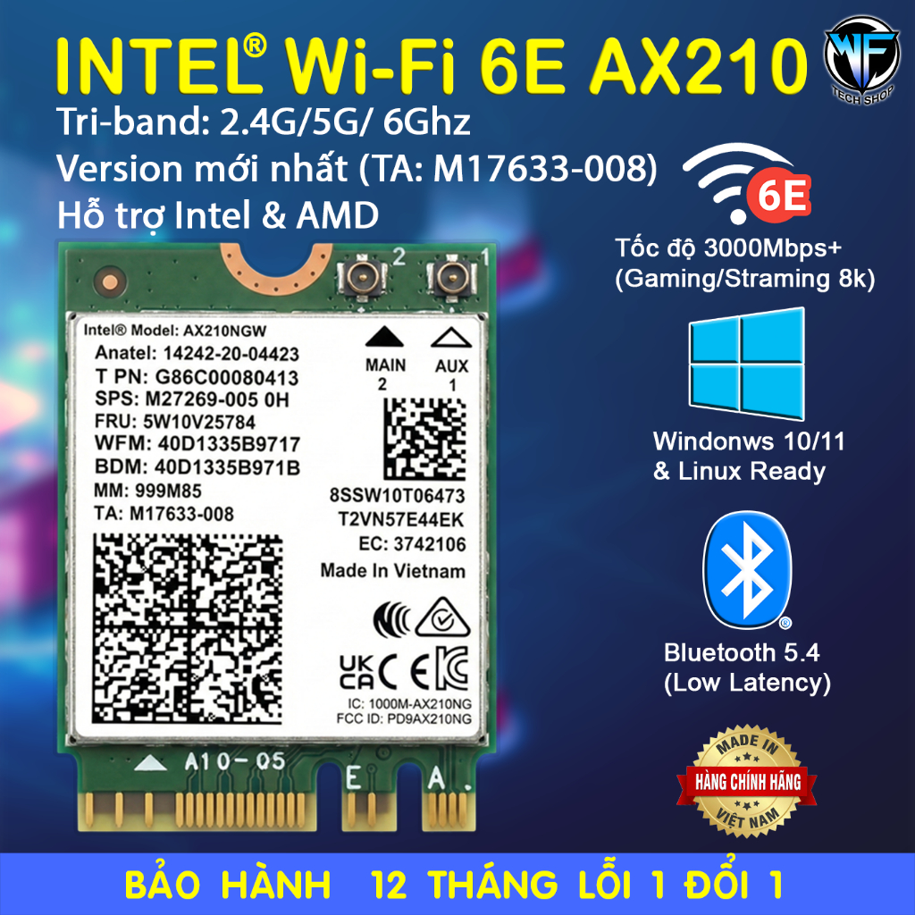 การ์ด WIFI 6E INTEL AX210-ver 008, BE200 Bluetooth 5.4