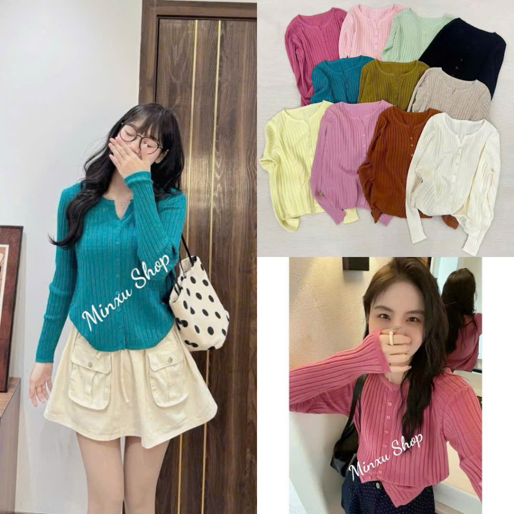 QC Minxu Shop SK50 คาร์ดิแกนคอกลมผ้าวูลซี่โครง