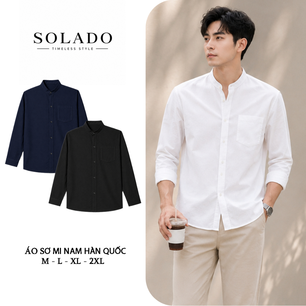 SOLADO เสื้อเชิ้ตผู้ชายคอจีนแขนยาวตรงสไตล์เกาหลีผ้าเย็นนุ่ม 4 สีสีดําสีขาวมอสสีเขียว SM-DUI-COTAU