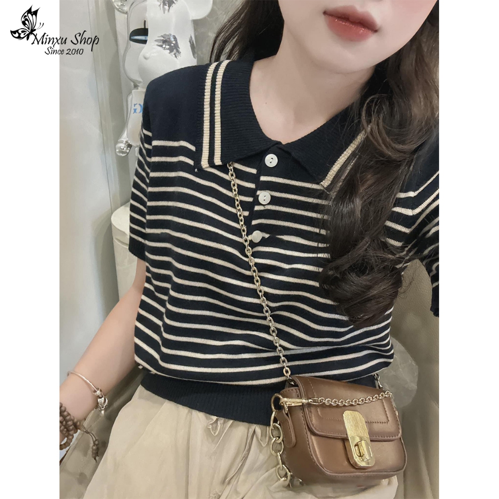 เสื้อโปโลผ้าวูลผู้หญิง Montoghi ลายแนวนอนเล็ก QC Minxu Shop PZ37