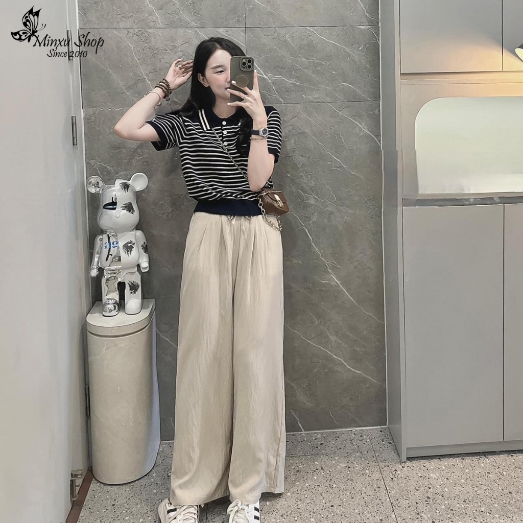 เสื้อโปโลผ้าวูลผู้หญิง Montoghi ลายแนวนอนเล็ก QC Minxu Shop PZ37