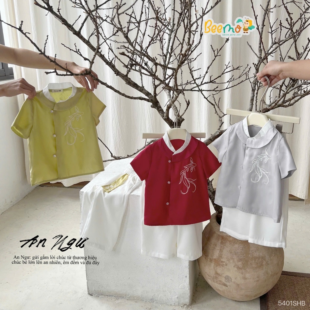 BEEMO "An Ngu" ชุด Ao Dai แขนสั้นเด็กผู้ชายพร้อมลายคอปกปักปลาเฉพาะสําหรับเด็กออกไปข้างนอกและการเดินท