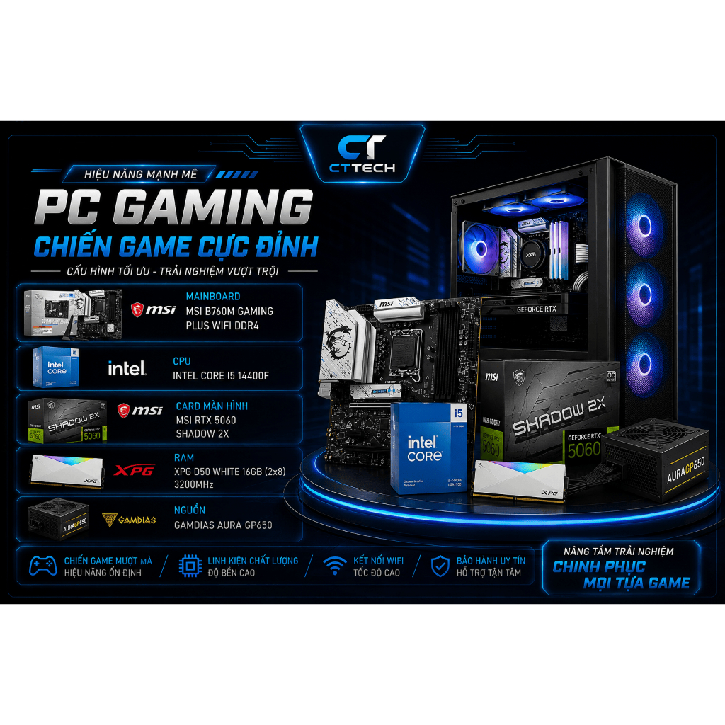 ชุดเกมพีซี CT03 i5 14400F / MSI RTX 5060 Shadow / MSI B760M Gaming Plus Wifi