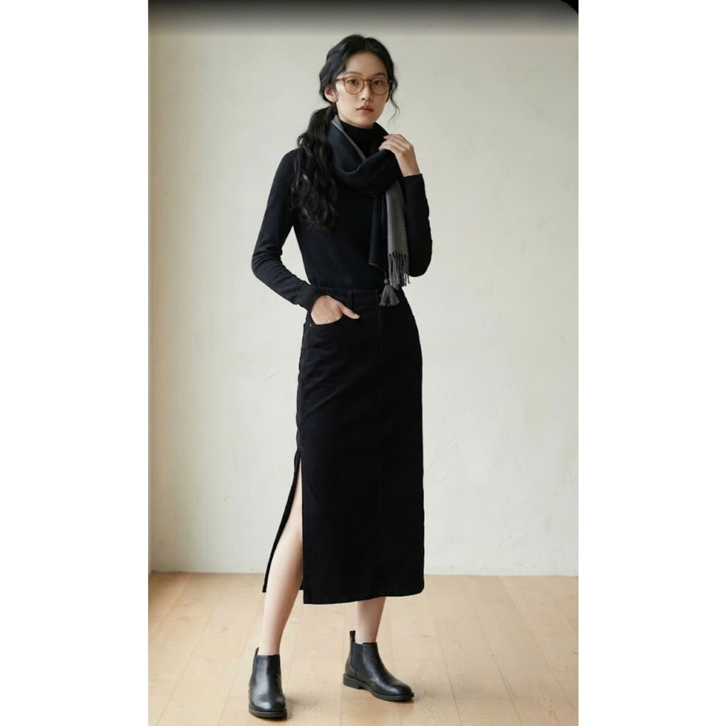 กระโปรงกํามะหยี่จั๊มสีดํายาวญี่ปุ่น - 2 Hands (Size XS)