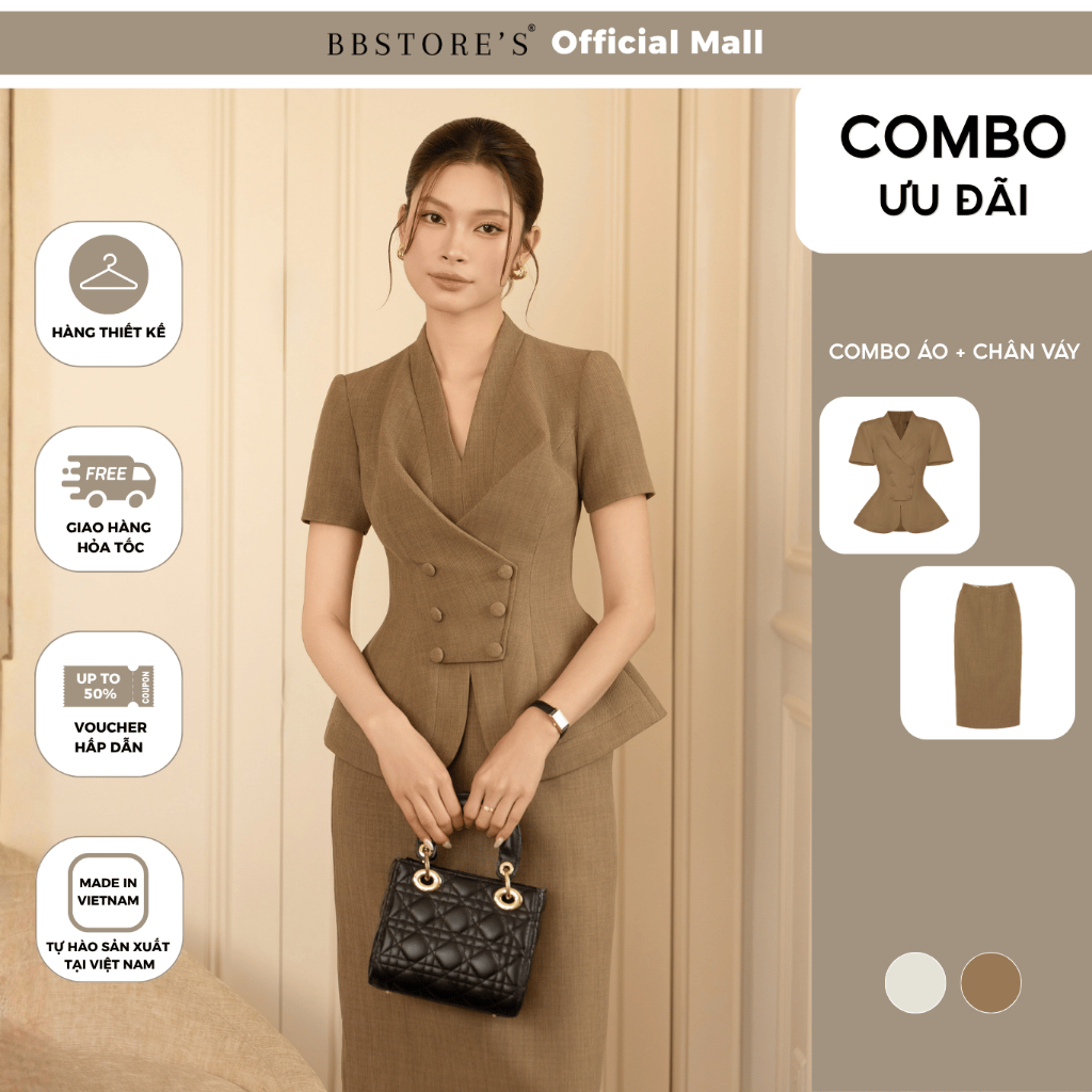 BBSTORES ผู้หญิงสํานักงานเสื้อผ้าฝ้าย Cross Peplum Elegant V คอ AAF25B - Office ตรงกระโปรงด้านหลังแย