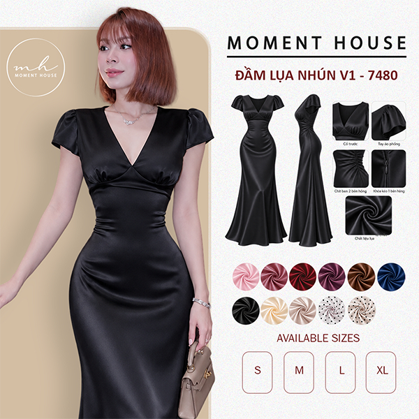 SILK DRESS มีแขน v1 shrug ซิปข้าง ทรงหางปลาอ่อน ผ้าไหม Su Chau (รหัส 7480)