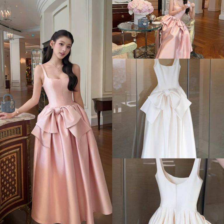 DNC2208- ครีมยาวคุณภาพสูง PINK TWO-STRAIGHT PARTY DRESS