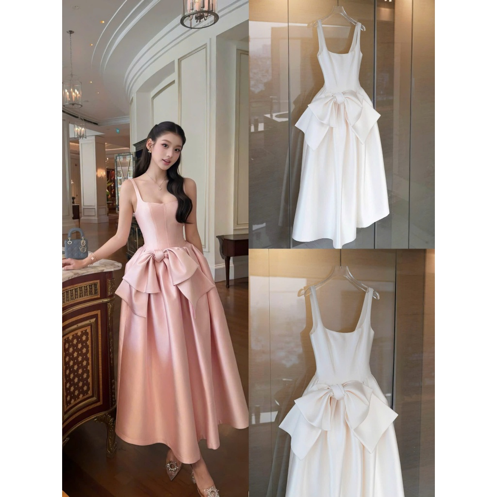 LIPU - [DNC2208] TWO-STRAIGHT WAIST DRESS WITH BIG BOW IN TWO BEIGE COLORS DNC