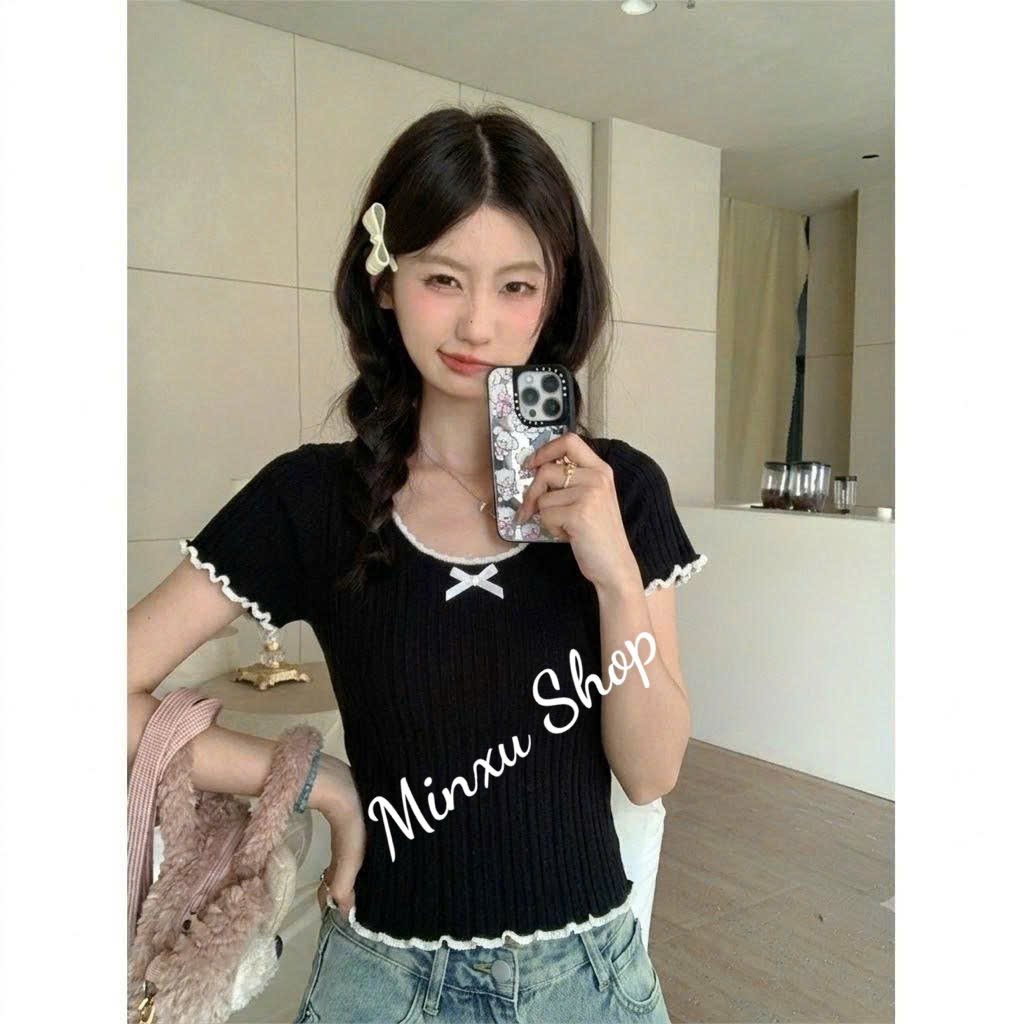 เสื้อสเวตเตอร์คอกลมคอโบว์ทําจากขนสัตว์ริบร่อง QC Minxu Shop PZ41