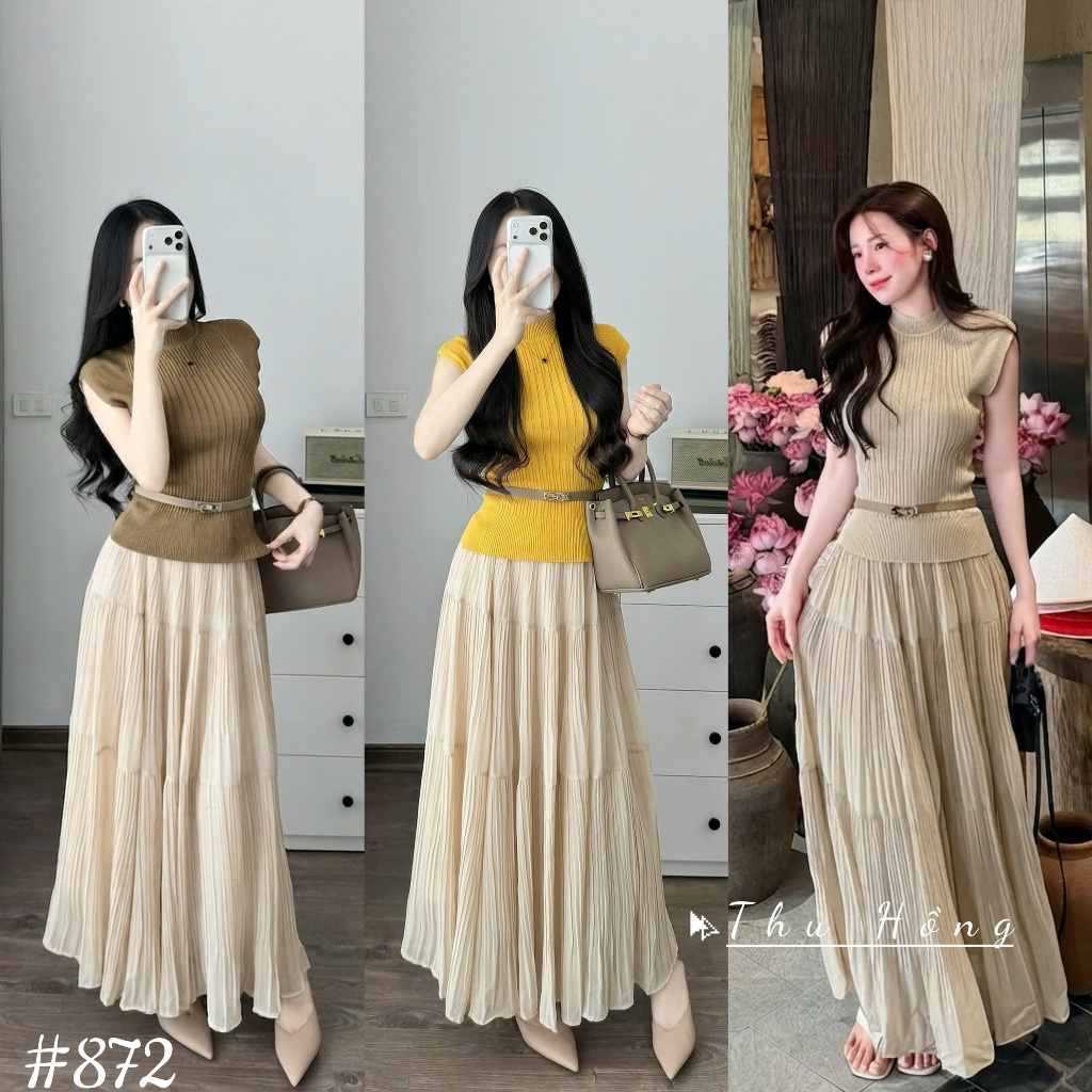 Set เสื้อสเวตเตอร์แขนกุดคอเต่า 3p พร้อมกระโปรงถ้วยเล็กพร้อมเข็มขัด 872 QC Th freesize