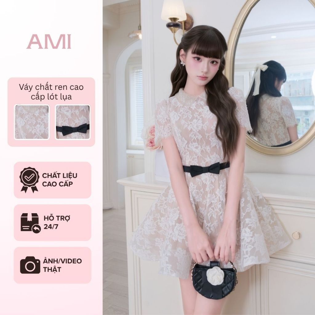 เดรสบานลูกไม้สีขาวหรูหรา AMI Dress เดรสคอปกแขนสั้นหินประกาย เดรสทรงสลิมมีโบว์ช่วงเอวหรูหรา V1501
