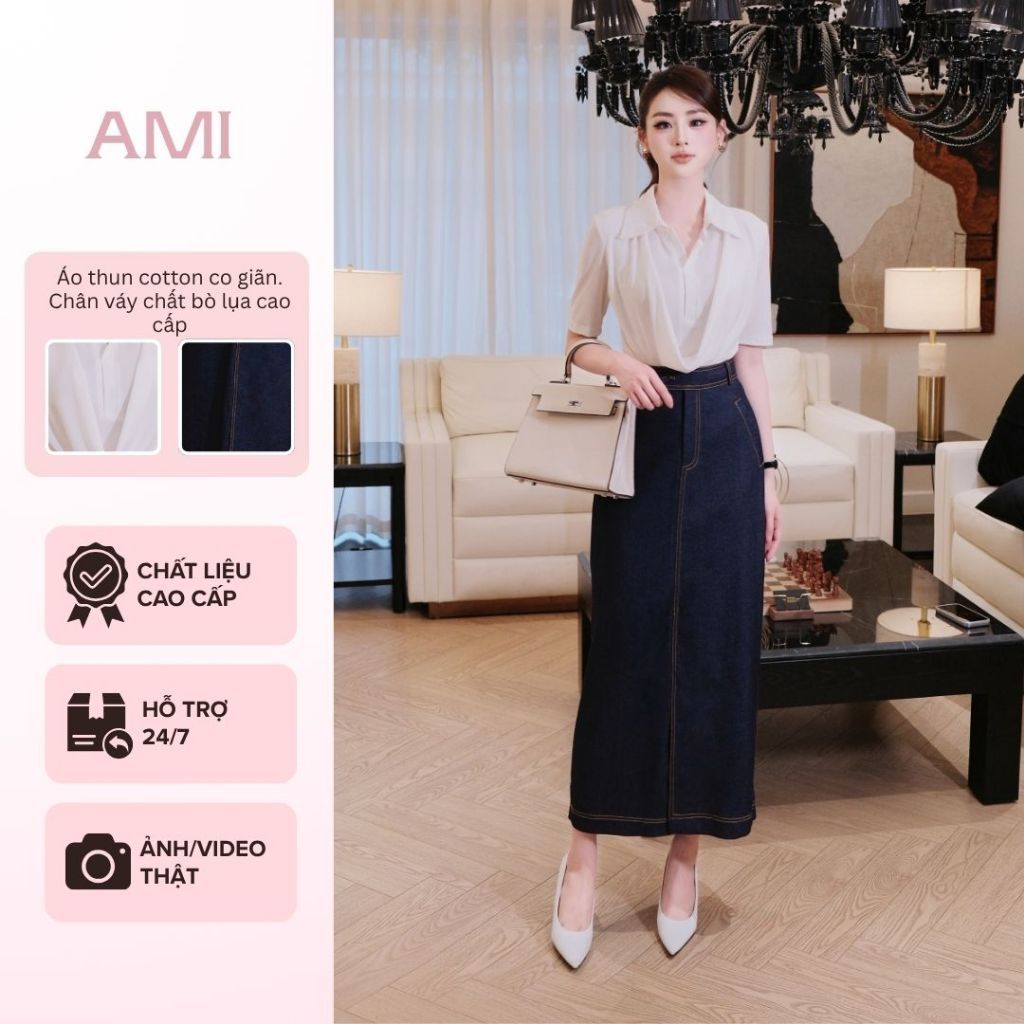 AMI Dress Elegant Office Outfit Set เสื้อแขนสั้นคอปกจับจีบพร้อมกระโปรงยีนส์ยาว Flattering S1116
