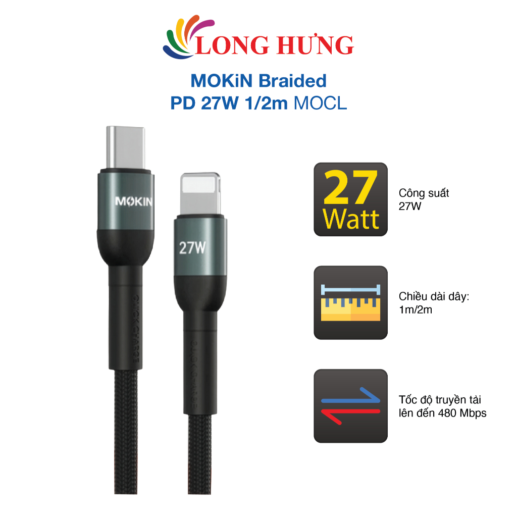 สาย USB Type-C to iP MOKiN Braided PD 27W 1/2m MOCL - สินค้าของแท้