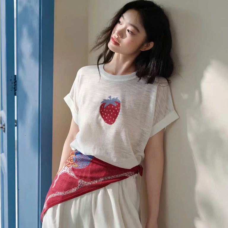 NATSUSHI Studio cover KUOSE - A01 เสื้อเชิ้ตฝรั่งเศสแขนสั้นสตรอเบอร์รี่