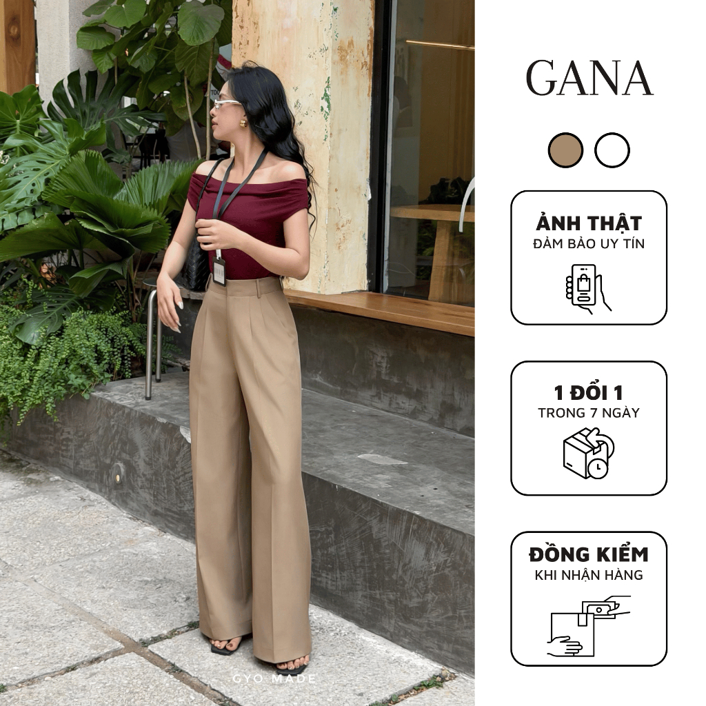 กางเกงขากว้างผู้หญิงเอวสูงหรูหราสีน้ําตาลกาแฟคุณภาพสูง Twill flattering Gana GQ003BR