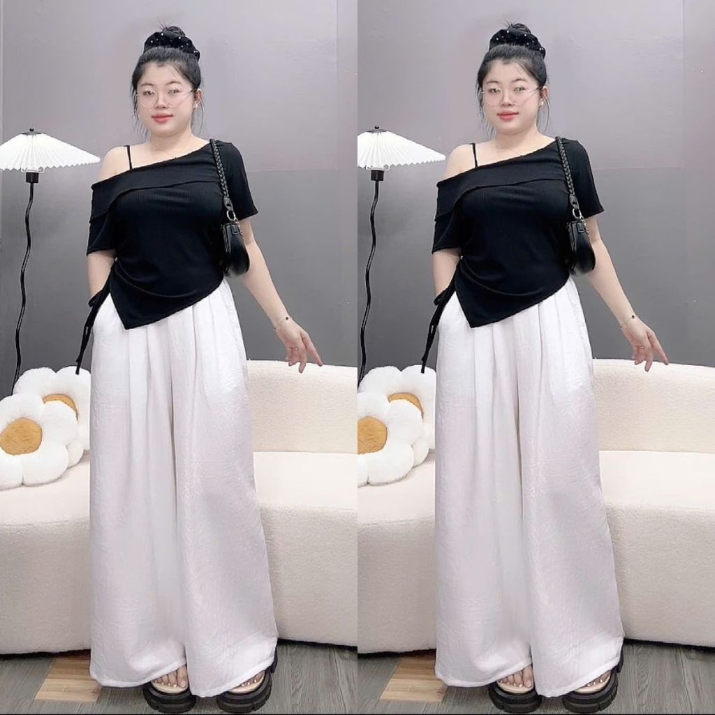 ชุดไซส์ใหญ่ของผู้หญิง 2 ชิ้นเสื้อเชือกรูดปาดไหล่พร้อมกางเกงขากว้างผู้หญิงผ้าเย็นและอ่อนเยาว์ 55-92กก