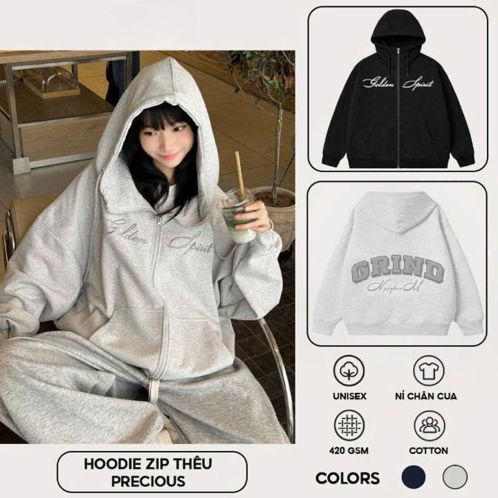 [ไม่มี Ruffles] GRIND Zip Hoodie Crab Leg Felt High Collar ปักหลวมรูปแบบไม่มี Ruffles