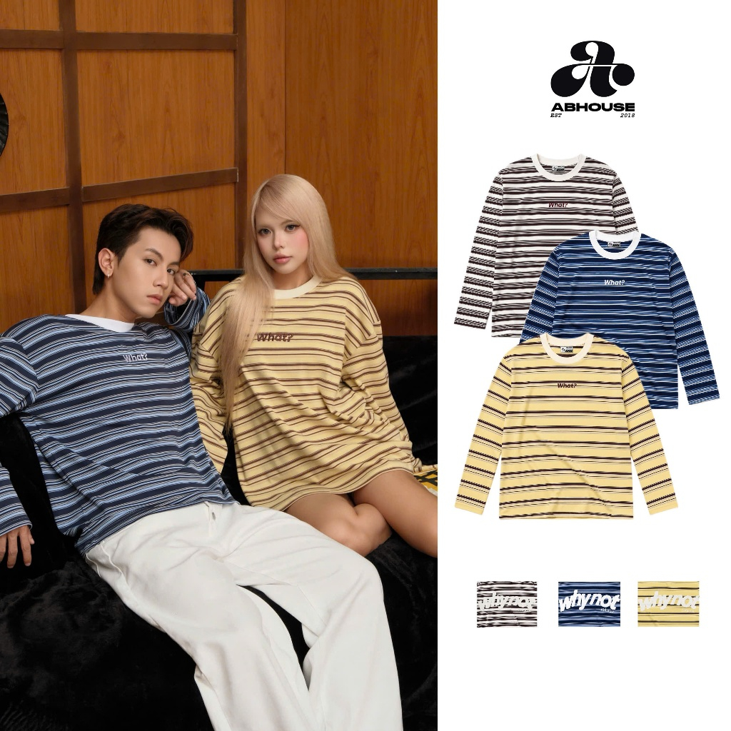 AB HOUSE - เสื้อยืดแขนยาวลายทาง WHAT สําหรับผู้ชายและผู้หญิง